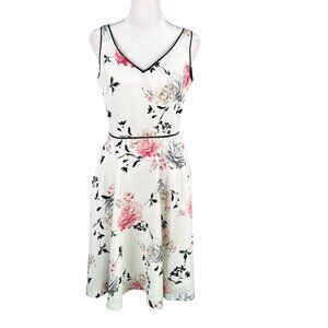 WHBM 0 Sleeveless Fit Flare V-Neck Dress White with Roses Lined Pockets